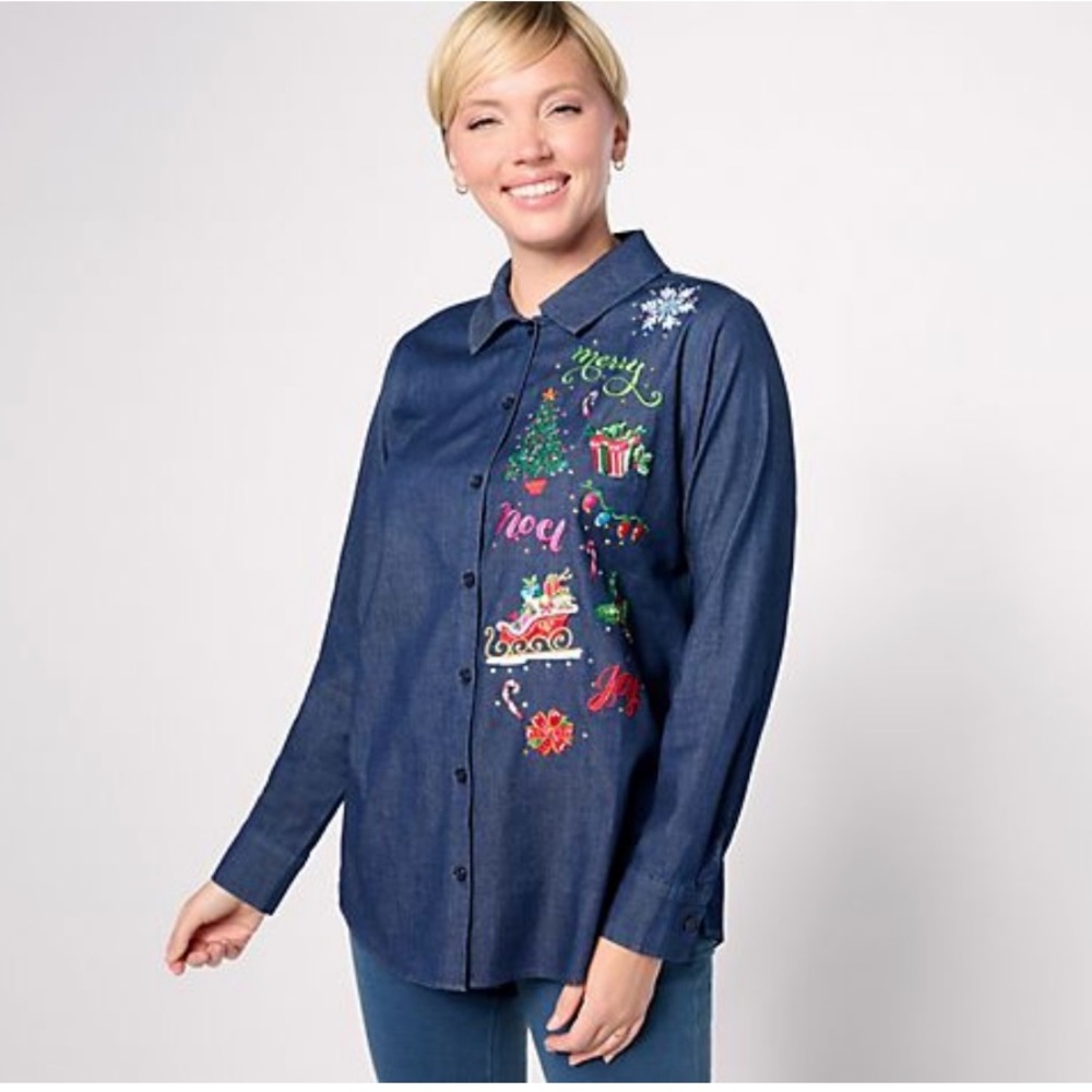 Quacker Factory Yule Side Holiday Embroidered Denim Shirt